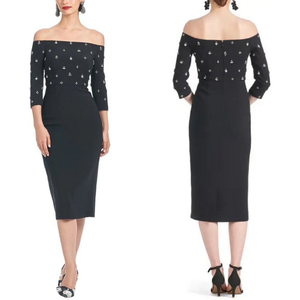 NEW $695 Sachin & Babi Size 2 Black Jeweled Off The Shoulder Midi Cocktail Dress